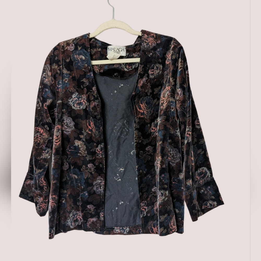 90s style Coat Vintage Velvet Floral Print, Long Sleeve Blazer - Medium